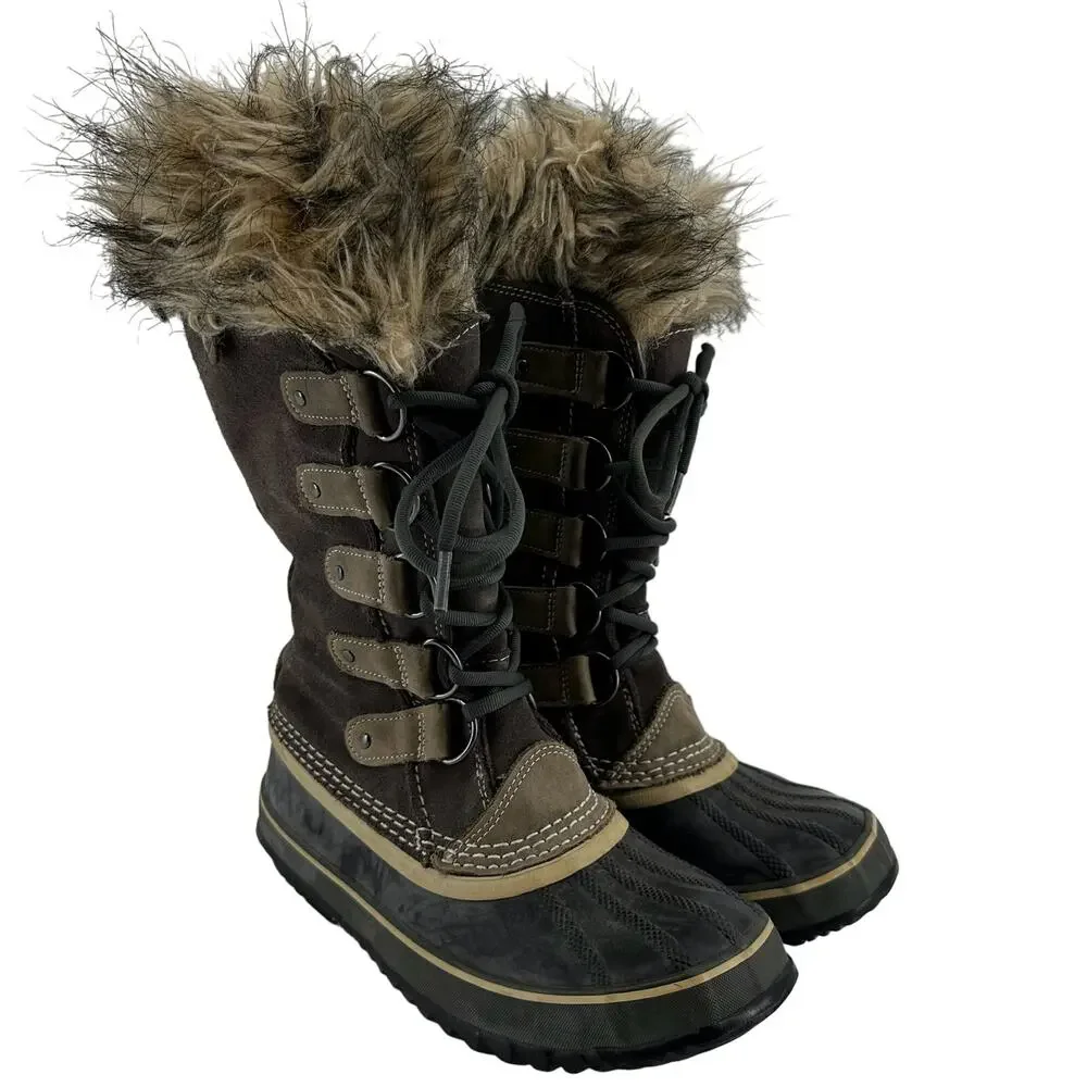 Sorel Joan of Arctic Boots Leather Winter Snow Lace Up Faux Fur Outdoor Brown 7
